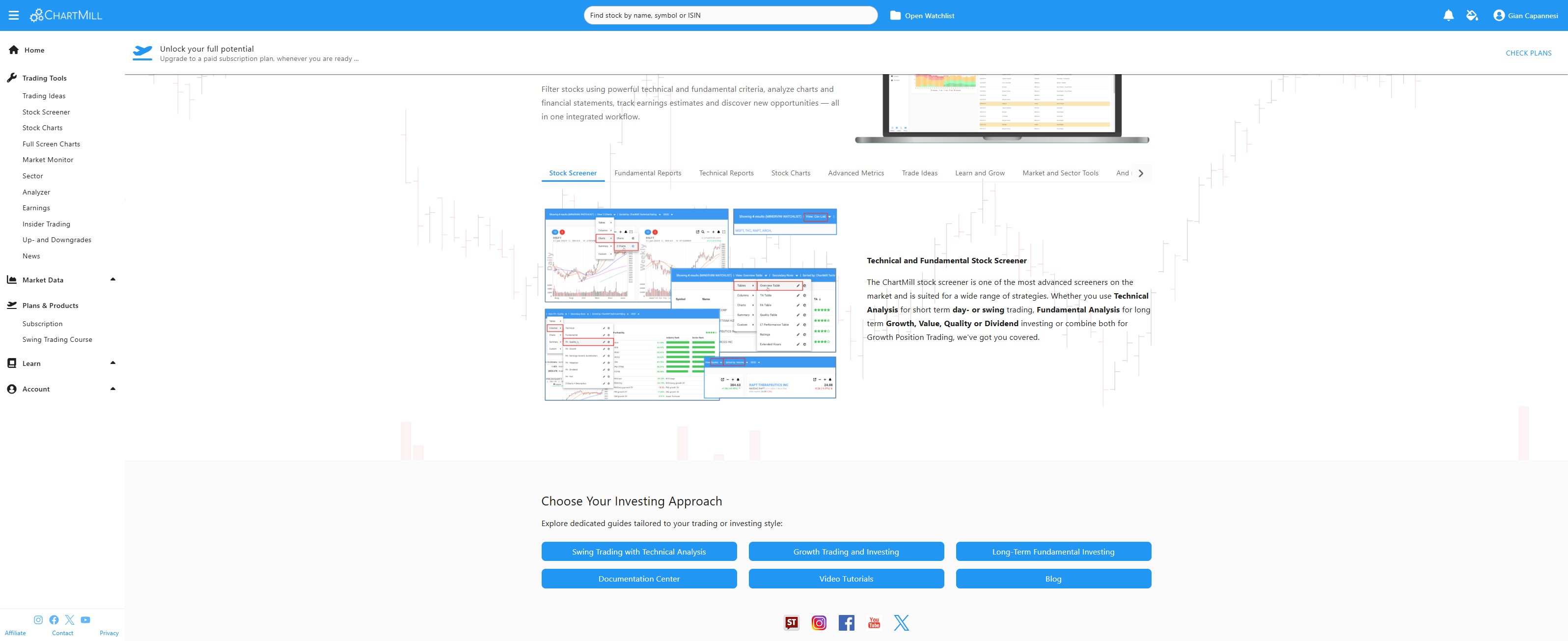 ChartMill desktop screener with pattern filters