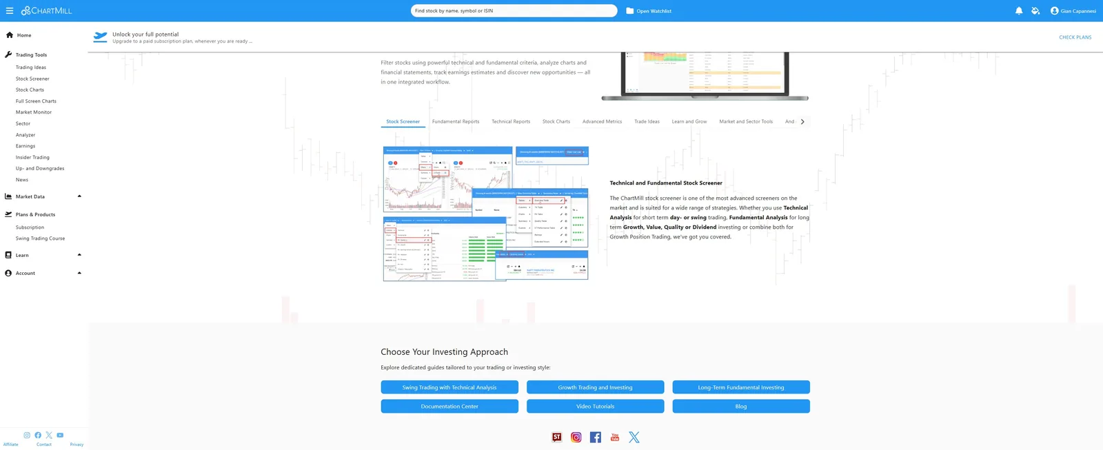 ChartMill desktop screener with pattern filters