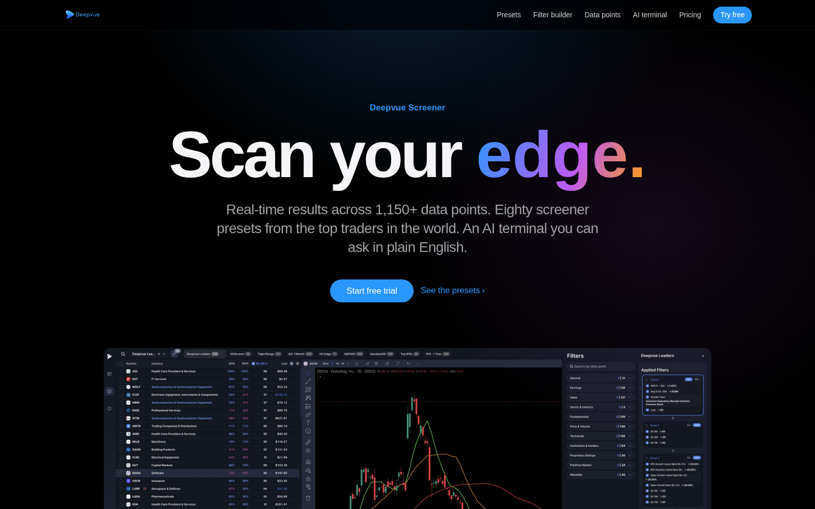 Deepvue Screener — real-time results across 1,150+ data points, no chart-pattern filter