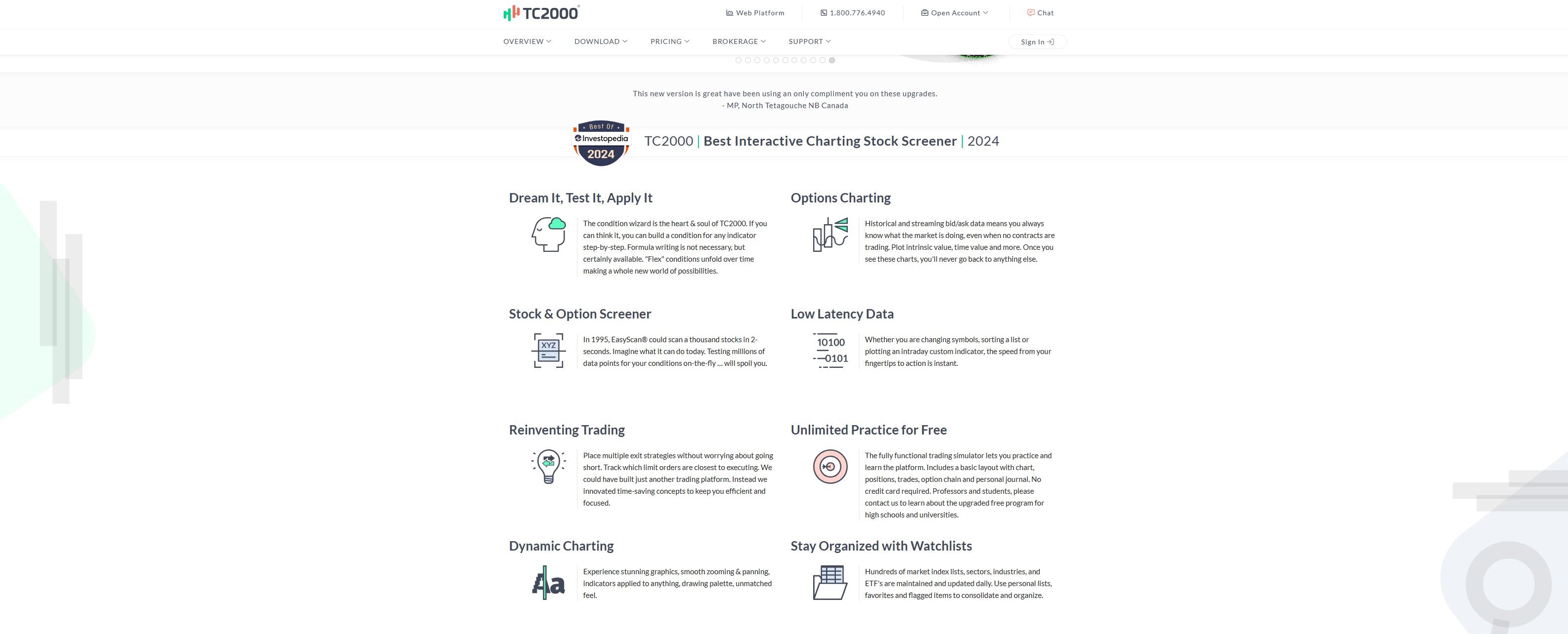 TC2000 features grid — condition wizard, stock & option screener, low-latency data