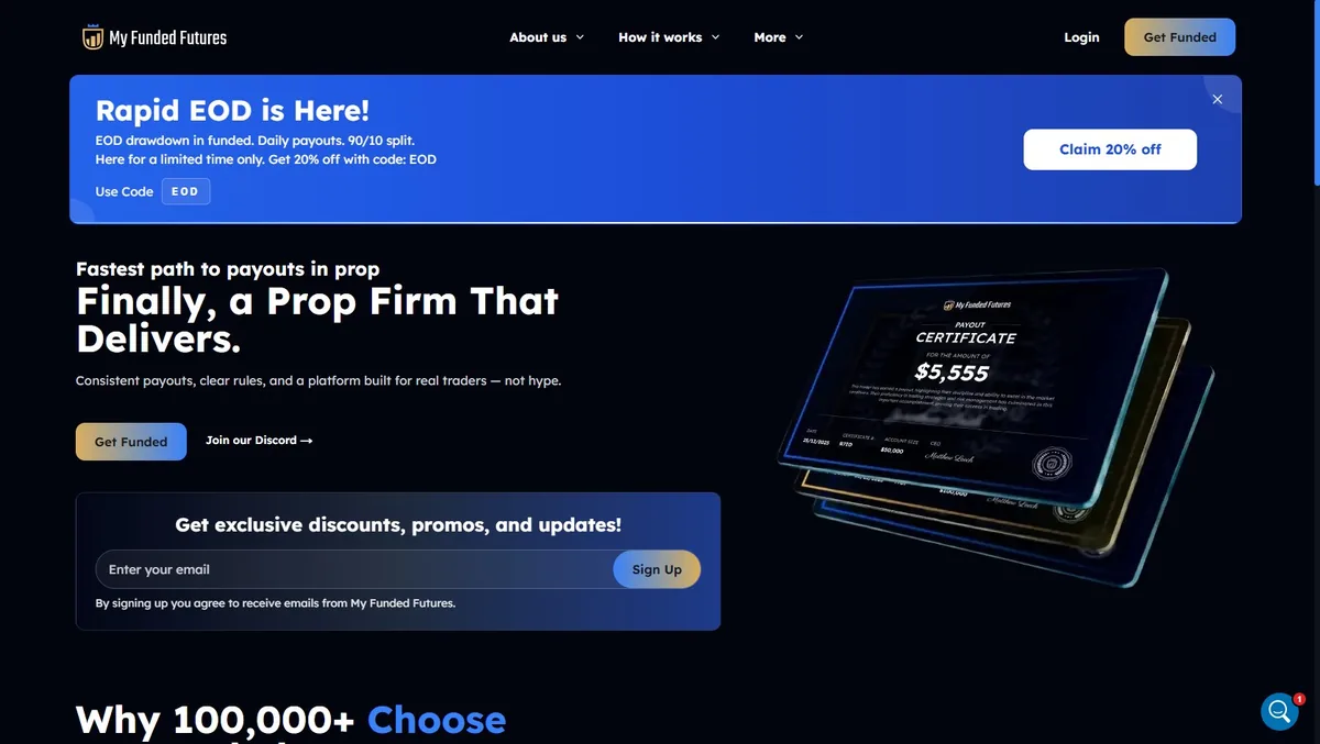 My Funded Futures homepage showing Rapid EOD promo and payout certificate showcase