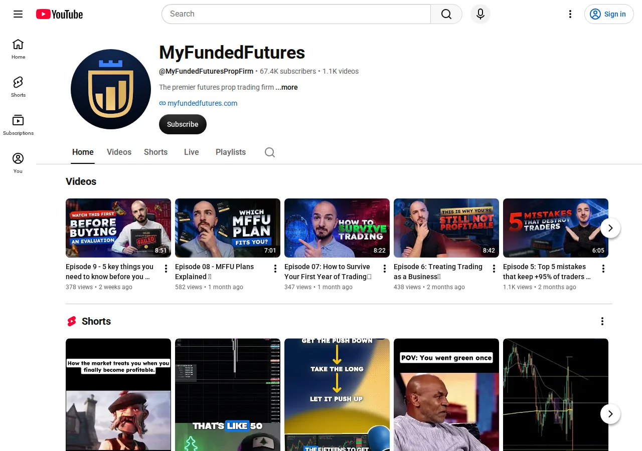My Funded Futures YouTube channel homepage @MyFundedFuturesPropFirm
