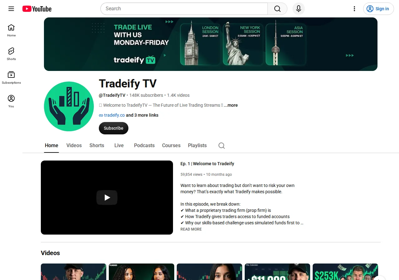 Tradeify TV YouTube channel — 148K subscribers, 40+ hours weekly live trading